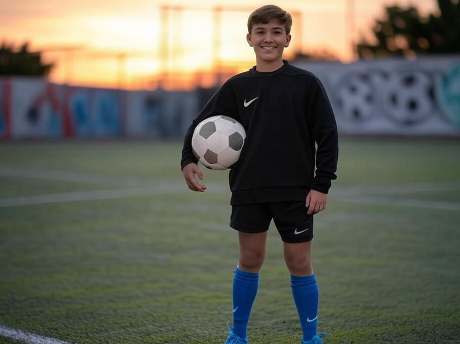 Joven fan español admirando botas de fútbol Nike Phantom Haaland GX II Elite FG Azul al atardecer.
