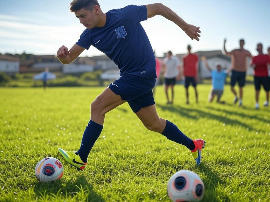 Jugador amateur español con botas de fútbol Nike Phantom GX II Elite FG Azul sprintando en césped natural.